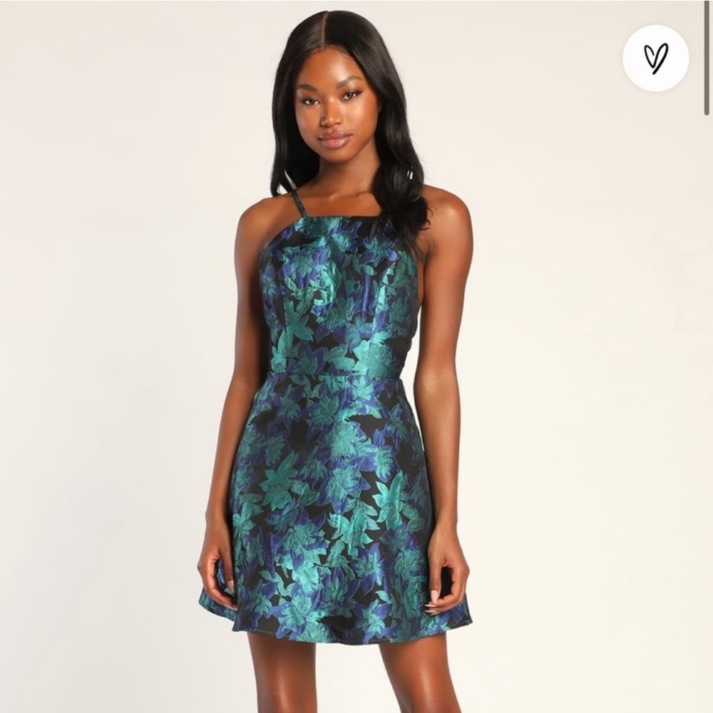 Lulus Fantasy Blooms Black and Teal Floral Backless Mini Dress